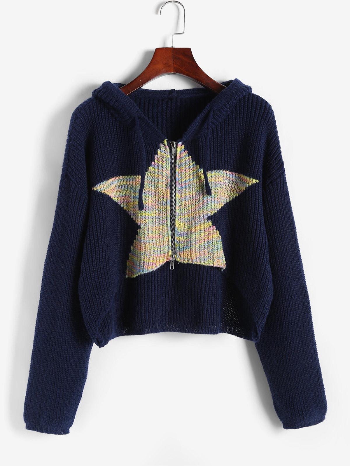 ZAFUL Star Graphic Irregular Hem Hooded Sweater Jacket M Deep blue - Gender: female