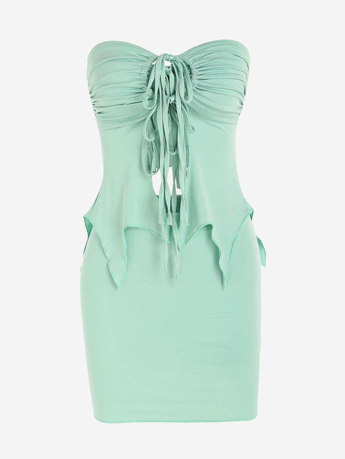 ZAFUL Women's Sexy Club Going Out Co Ord Strapless Cinched Drawstring Tie Slit Sharkbite Hem Top with Mini Bodycon Skirt Set M Light green - Gender: female
